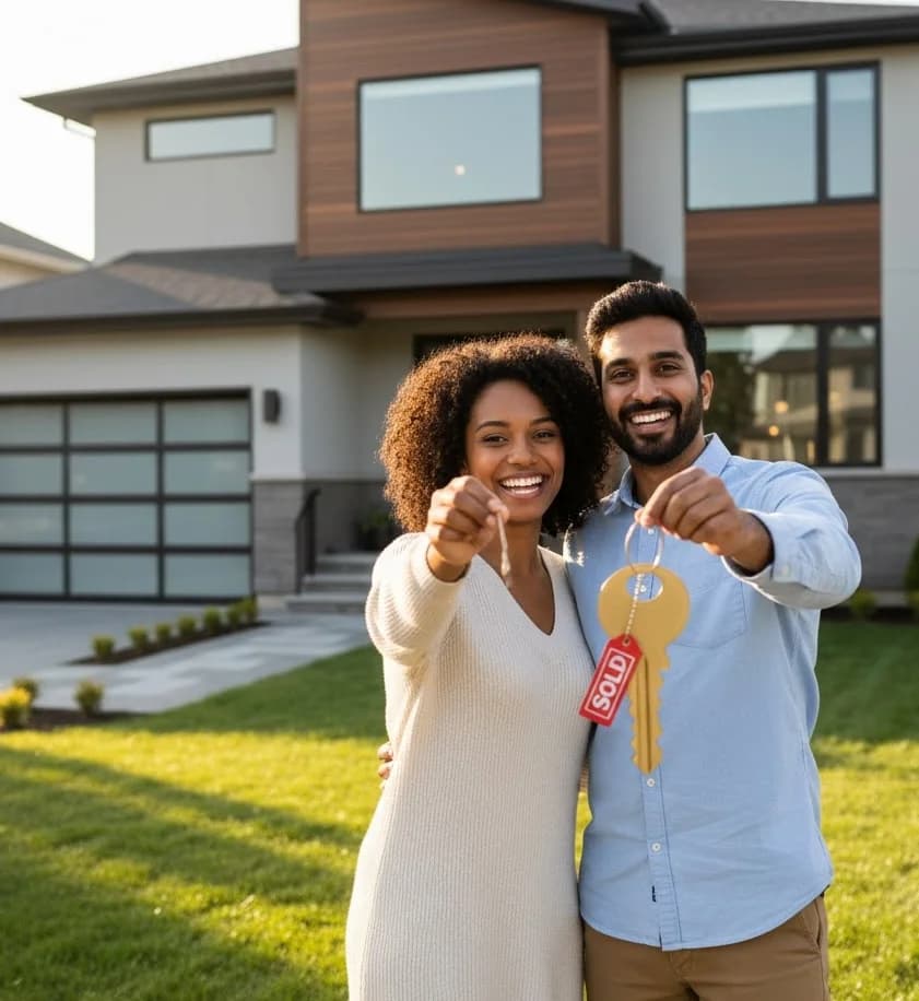 Happy family with their new home